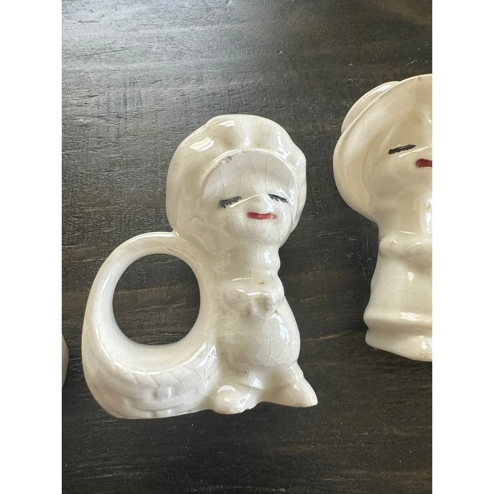 Vintage White Ceramic Sunbonnet Sue Girl Napkin Rings Set of 4 Mid Century Decor